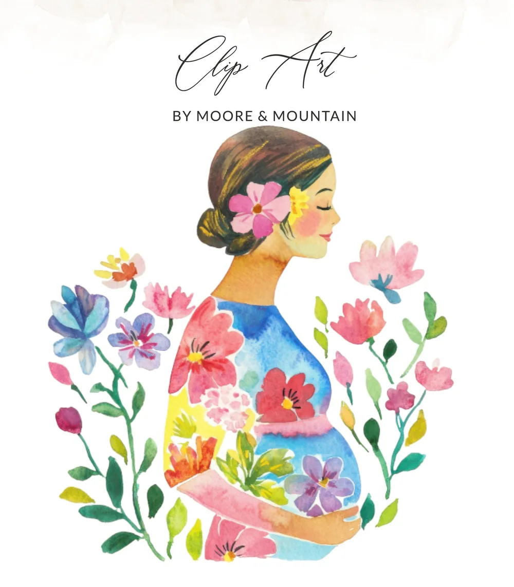 Watercolor painting of a pregnant woman surrounded by colorful flowers.