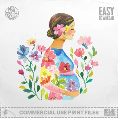 Watercolor illustration of a pregnant woman with flowers in her hair and dress.