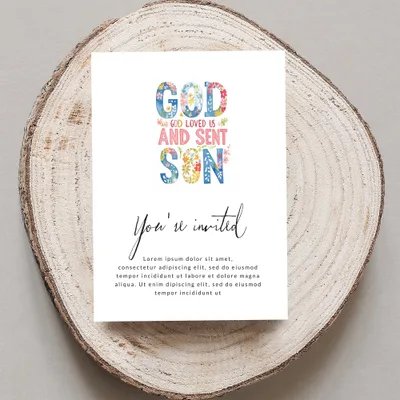 Invitation with "God loved us and sent Son" text and floral design.