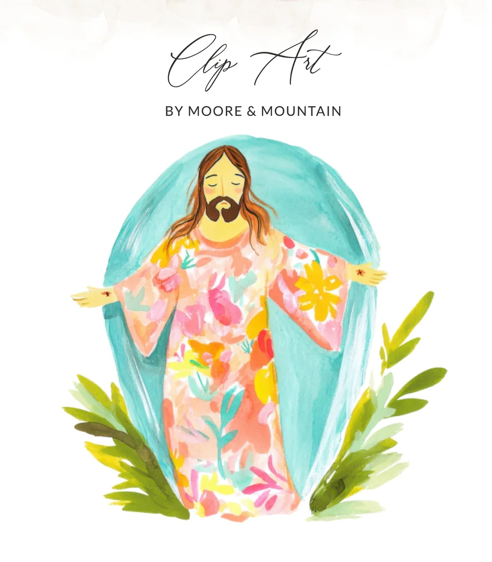 Jesus in floral robe with arms outstretched, surrounded by greenery.
