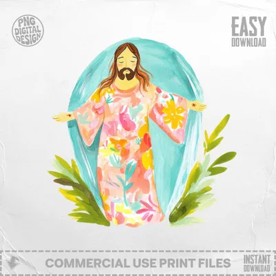 Jesus in a colorful robe surrounded by greenery, with "EASY DOWNLOAD" text.