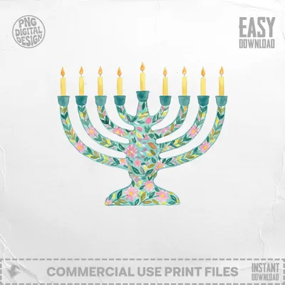 SVG Watercolor Menorah Clipart Digital Download - Preppy Painterly Hanukkah SVG PNG - Festive Pastel Art Gouache Style Illustration