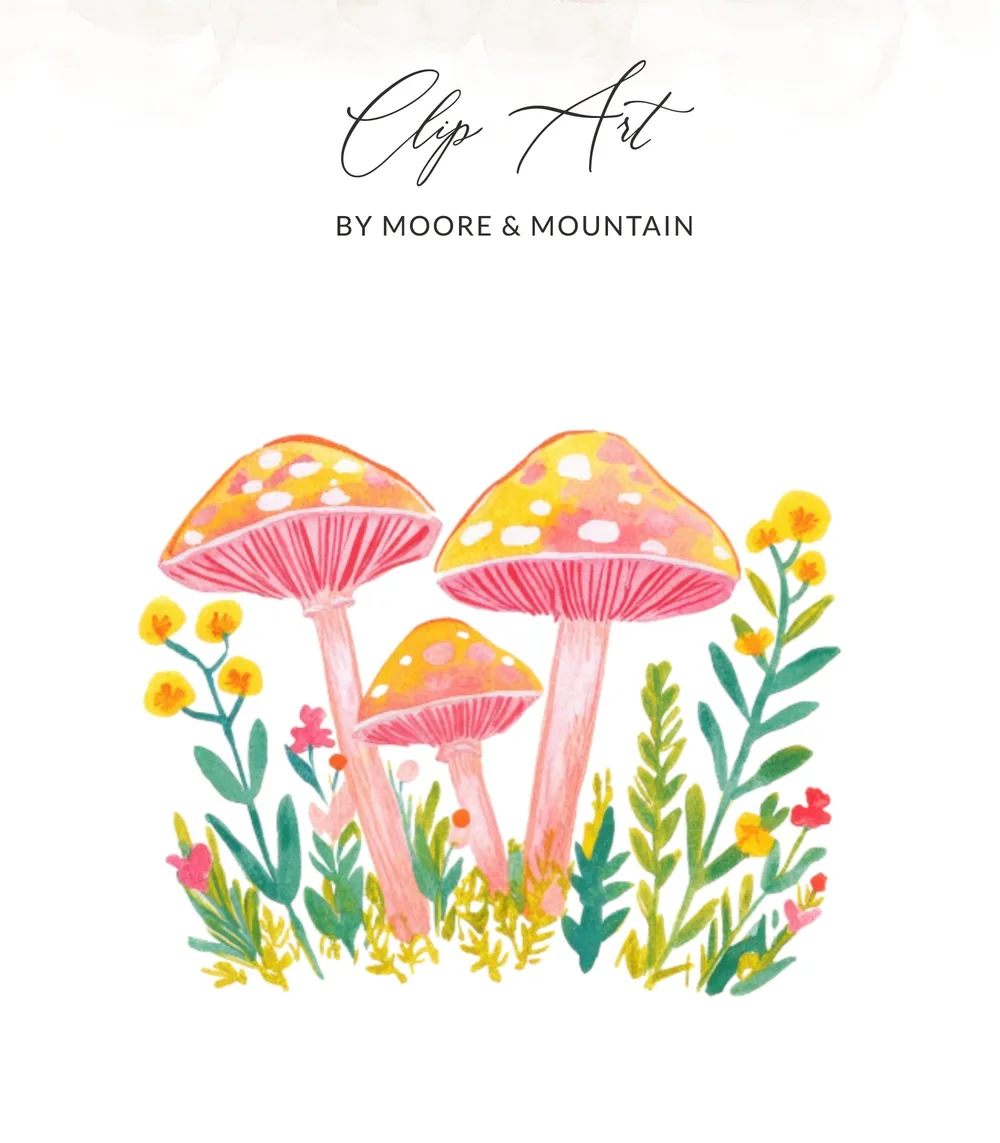 SVG Watercolor Mushroom Clipart, Preppy Forest Digital Art, Vibrant Floral PNG, Whimsical Fungi Illustration, Instant Download Graphic, Designer