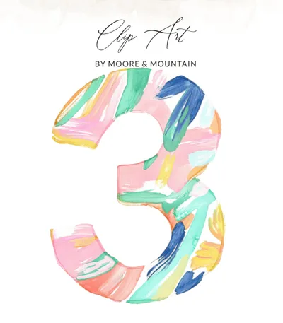 SVG Watercolor Preppy Number 3 Clipart, Vibrant Pastel PNG, Painterly Neon SVG, Digital Download, Commercial Use, Tropical Summer Art