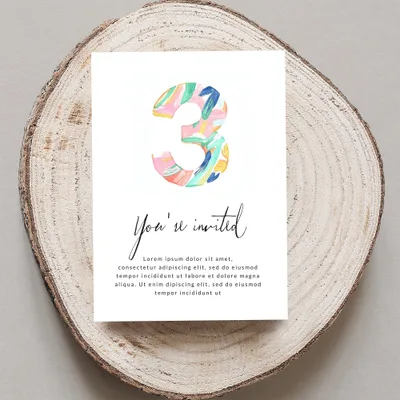 Invitation card with colorful number 3 and "You're invited" text.