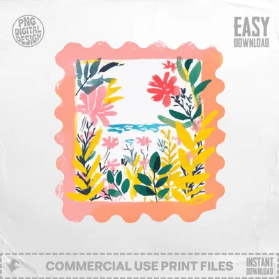 Coral postage stamp frame with floral illustration and "Easy Download" text.