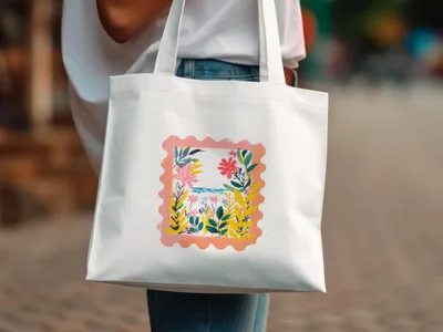 White canvas tote bag with a floral and seascape illustration.