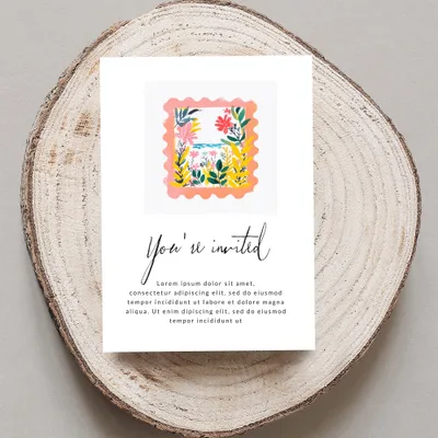 Invitation with floral border, "You're invited" text, and placeholder content.