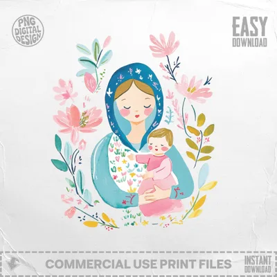 Illustration of a mother in blue holding a baby, surrounded by floral elements.