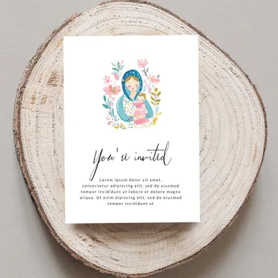 Invitation with folk art style illustration of mother and child.