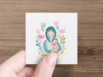 Illustration of a mother holding her baby surrounded by flowers and greenery.
