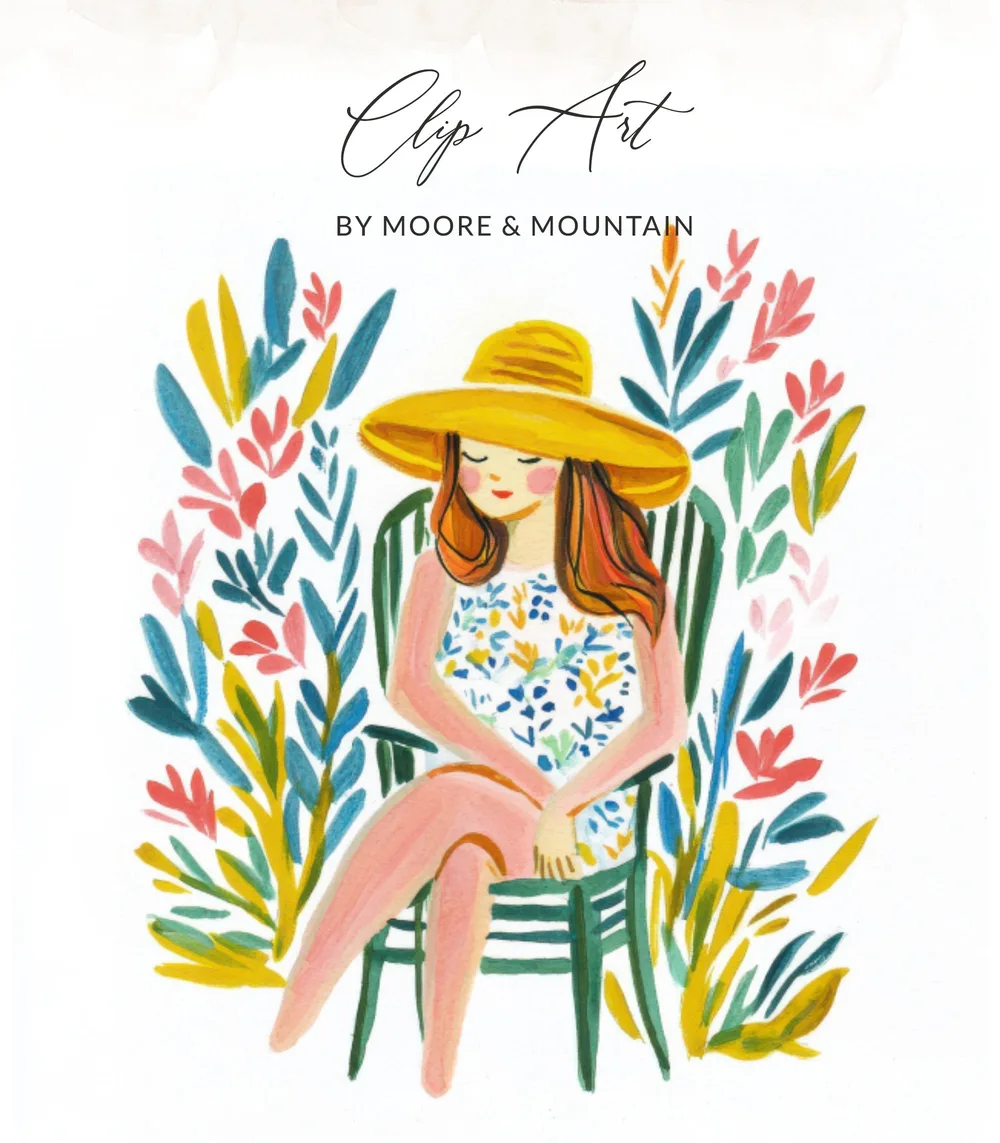 Woman in yellow hat sitting in chair with colorful floral background.