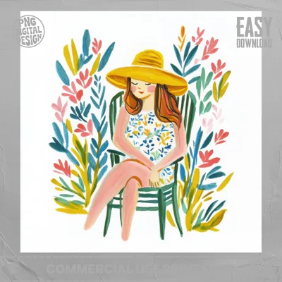 Woman in floral swimsuit and sun hat sits in chair surrounded by colorful foliage.