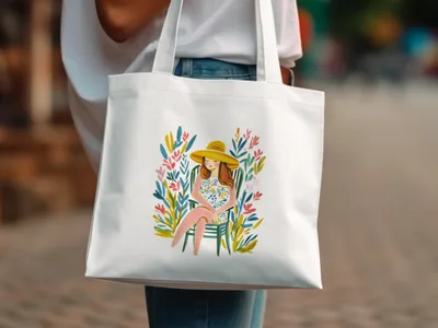 White tote bag with watercolor illustration of woman in sun hat sitting among flowers.