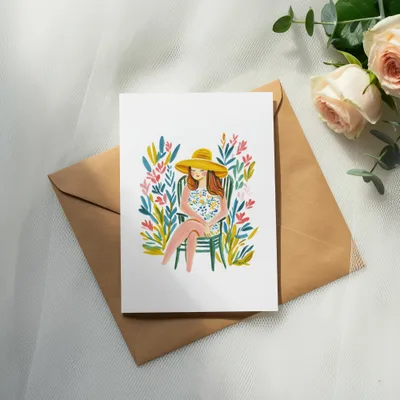 Illustration of a woman in a hat and dress sitting in a chair, surrounded by flowers.