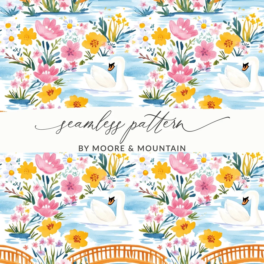 Swan Floral Digital Paper, Watercolor Seamless Pattern, Bridge Landscape, Printable Scrapbook Paper, Flower Clipart, Digital Download - Moore and Mountain