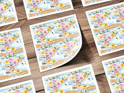 Swan Floral Digital Paper, Watercolor Seamless Pattern, Bridge Landscape, Printable Scrapbook Paper, Flower Clipart, Digital Download - Moore and Mountain