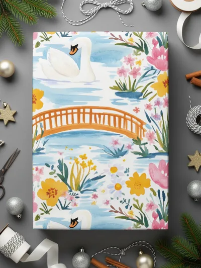 Swan Floral Digital Paper, Watercolor Seamless Pattern, Bridge Landscape, Printable Scrapbook Paper, Flower Clipart, Digital Download - Moore and Mountain