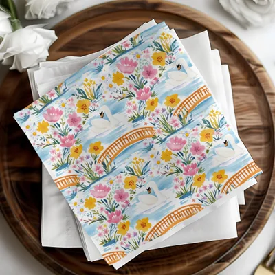 Swan Floral Digital Paper, Watercolor Seamless Pattern, Bridge Landscape, Printable Scrapbook Paper, Flower Clipart, Digital Download - Moore and Mountain