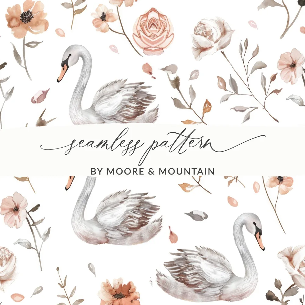 Swan Floral Seamless Pattern Digital, Watercolor Swan Art, Neutral Flower Pattern, Swan Printable Paper, Seamless Tileable Paper - Moore and Mountain