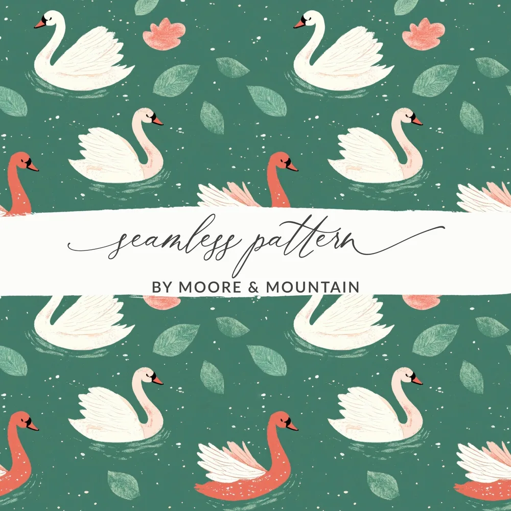 Swan Lake Digital Paper, Seamless Pattern, Teal Background, Floral Design, Swan Print, Digital Download, Scrapbooking, Fabric Design - Moore and Mountain