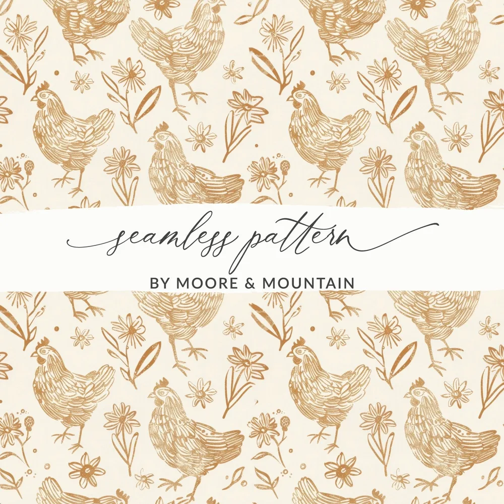 Tan Chicken Digital Paper, Beige Floral Pattern, Farmhouse Printable, Neutral Spring Background, Hen Seamless File, Easter Scrapbook - Moore and Mountain