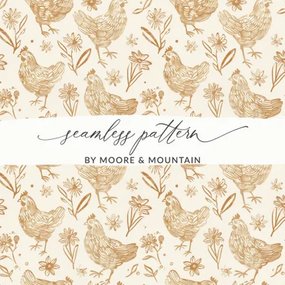 Tan Chicken Digital Paper, Beige Floral Pattern, Farmhouse Printable, Neutral Spring Background, Hen Seamless File, Easter Scrapbook