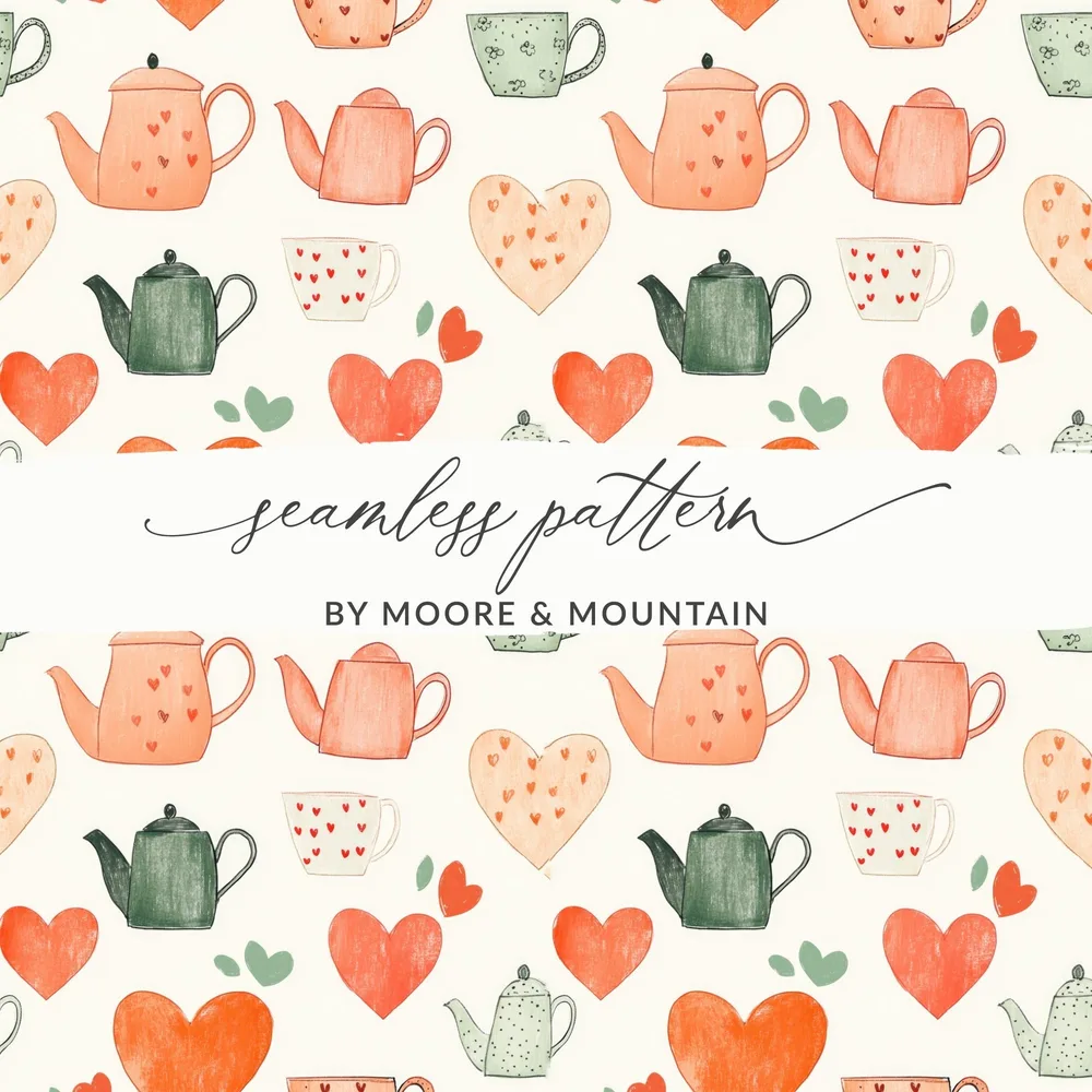 Tea Party Digital Paper, Seamless Teapot Pattern, Heart and Tea Cup Design, Kitchen Decor Digital Download, Scrapbooking Supplies - Moore and Mountain