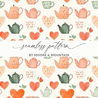 Tea Party Digital Paper, Seamless Teapot Pattern, Heart and Tea Cup Design, Kitchen Decor Digital Download, Scrapbooking Supplies