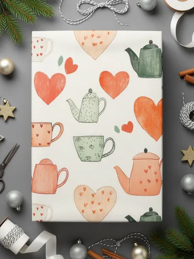 Tea Party Digital Paper, Seamless Teapot Pattern, Heart and Tea Cup Design, Kitchen Decor Digital Download, Scrapbooking Supplies - Moore and Mountain