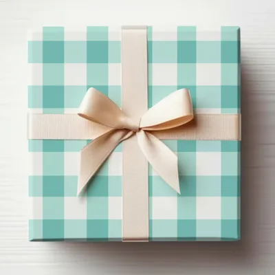 Elegant Teal Checkered Gift Box with Cream Ribbon