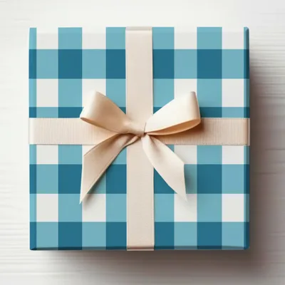 Blue and White Checkered Gift Box with Beige Bow