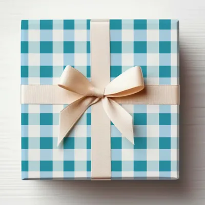 Blue Checkered Gift Box with Beige Bow Decor