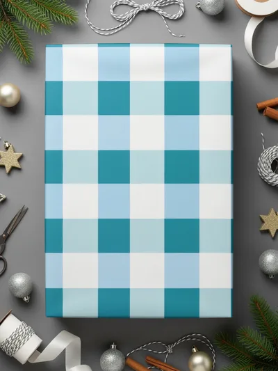 Festive Blue and White Checkered Gift Wrap Paper