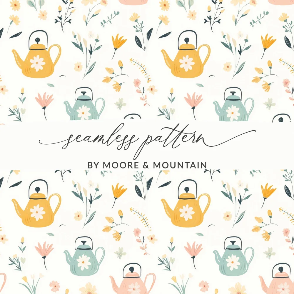 Teapot and Flowers Digital Paper, Seamless Pattern, Pastel Colors, Scrapbook Paper, Fabric Design, Digital Background, Digital Download - Moore and Mountain