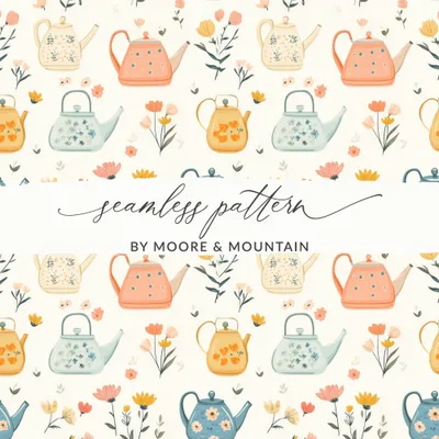 Teapot Flower Seamless Pattern Digital Paper, Floral Teapot Clipart, Cottagecore Print, Kitchen Design, Vintage Tea Party Art