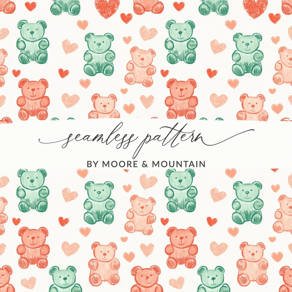 Teddy Bear Heart Digital Pattern, Seamless Kids Design, Nursery Art, Pastel Colors, Scrapbooking Paper, Fabric Print, Digital Download - Moore and Mountain
