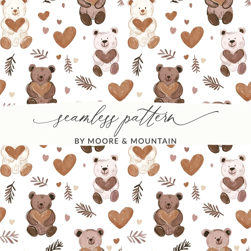 Teddy Bear Heart Seamless Pattern Digital, Nursery Decor, Cute Bear Pattern, Kid Fabric Design, Cartoon Animals, Commercial Use - Moore and Mountain