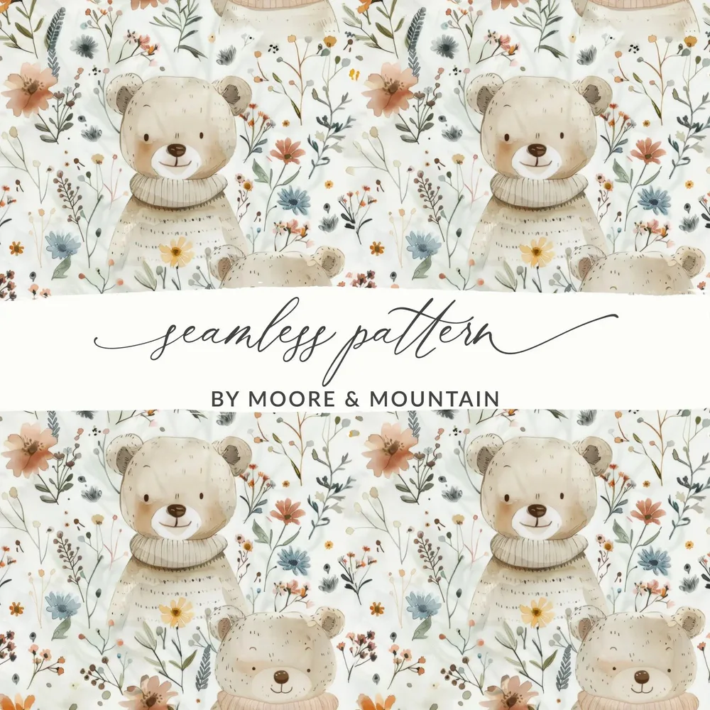 Teddy Bear Seamless Pattern, Floral Digital Paper, Watercolor Bear, Digital Fabric Design, Commercial Use, Digital Download - Moore and Mountain