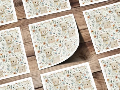 Teddy Bear Seamless Pattern, Floral Digital Paper, Watercolor Bear, Digital Fabric Design, Commercial Use, Digital Download - Moore and Mountain