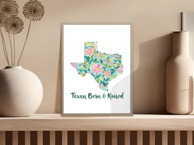 Texan Born & Raised T-Shirt Digital File, Watercolor Texas State Floral PNG Design, Southern Pride Gift, Home State Shirt