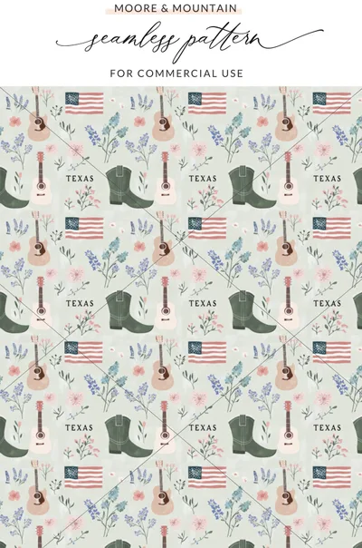 Texas Themed Seamless Pattern with Guitars and Boots