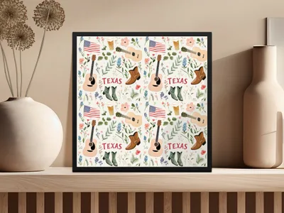 Texas Themed Floral and Guitar Wall Art Print