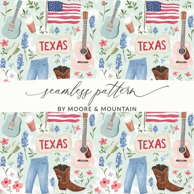 Texas Digital Paper, Seamless Western Pattern, Bluebonnets, Cowboy Boots, American Flag, Acoustic Guitar, Southern Country Design, Rustic