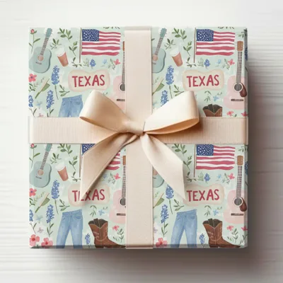 Texas Themed Gift Wrap with Guitars and Flags