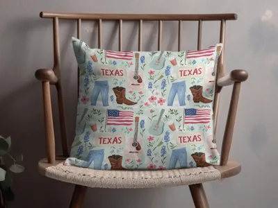 Texas Themed Decorative Pillow with Music and Flag Design