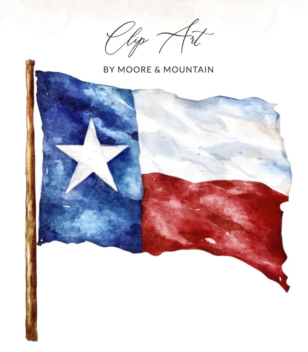 Watercolor Texas flag with "Clip Art" and "BY MOORE & MOUNTAIN" text.