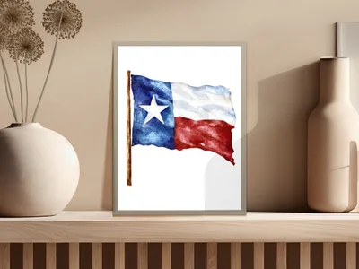 Watercolor Texas flag on a white background with a vase and dried flowers.