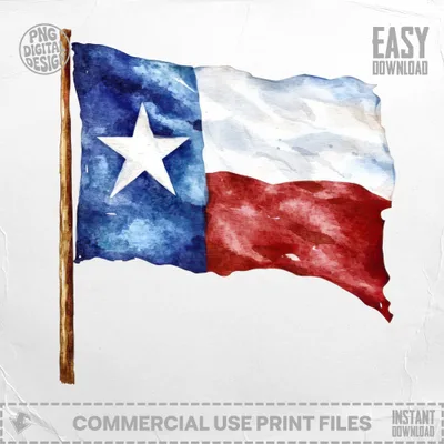 Watercolor Texas flag on a pole, with "EASY DOWNLOAD" text.