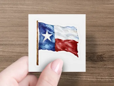 Watercolor Texas flag on a white background held by a hand.